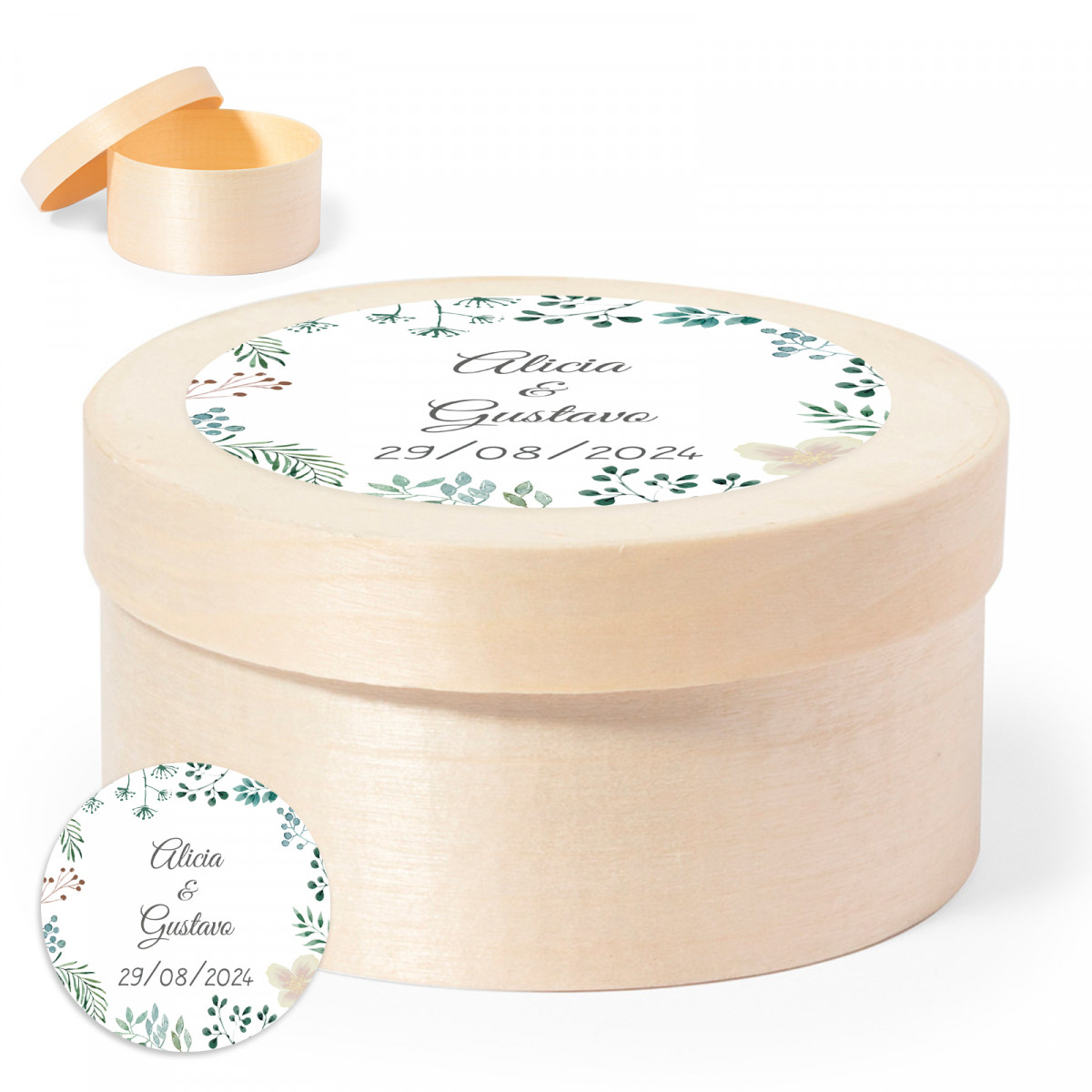 Boîte en bois ronde avec autocollant herbal personnalisé