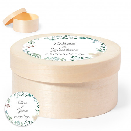 Boîte en bois ronde avec autocollant herbal personnalisé