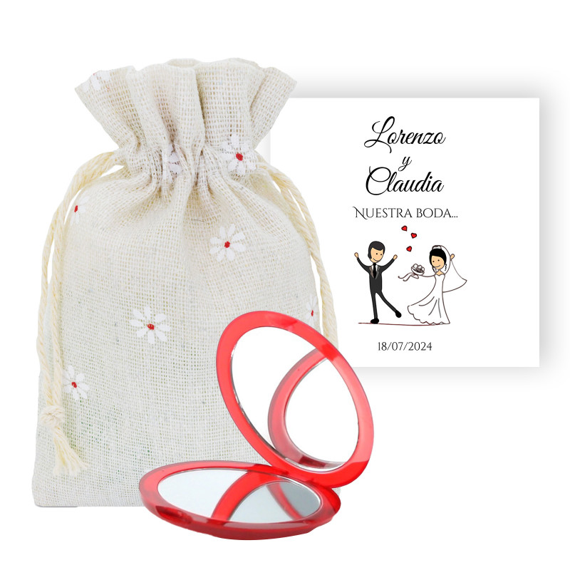 Miroir double pliable avec carte personnalisée dans un sac en tissu pour les détails de mariage