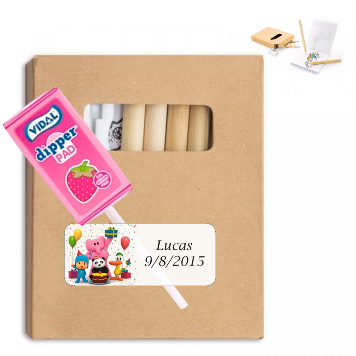 Coffret avec crayons de couleur et taille-crayon avec cuillère à fraise et autocollant Pocoyo personnalisé pour plus de détails