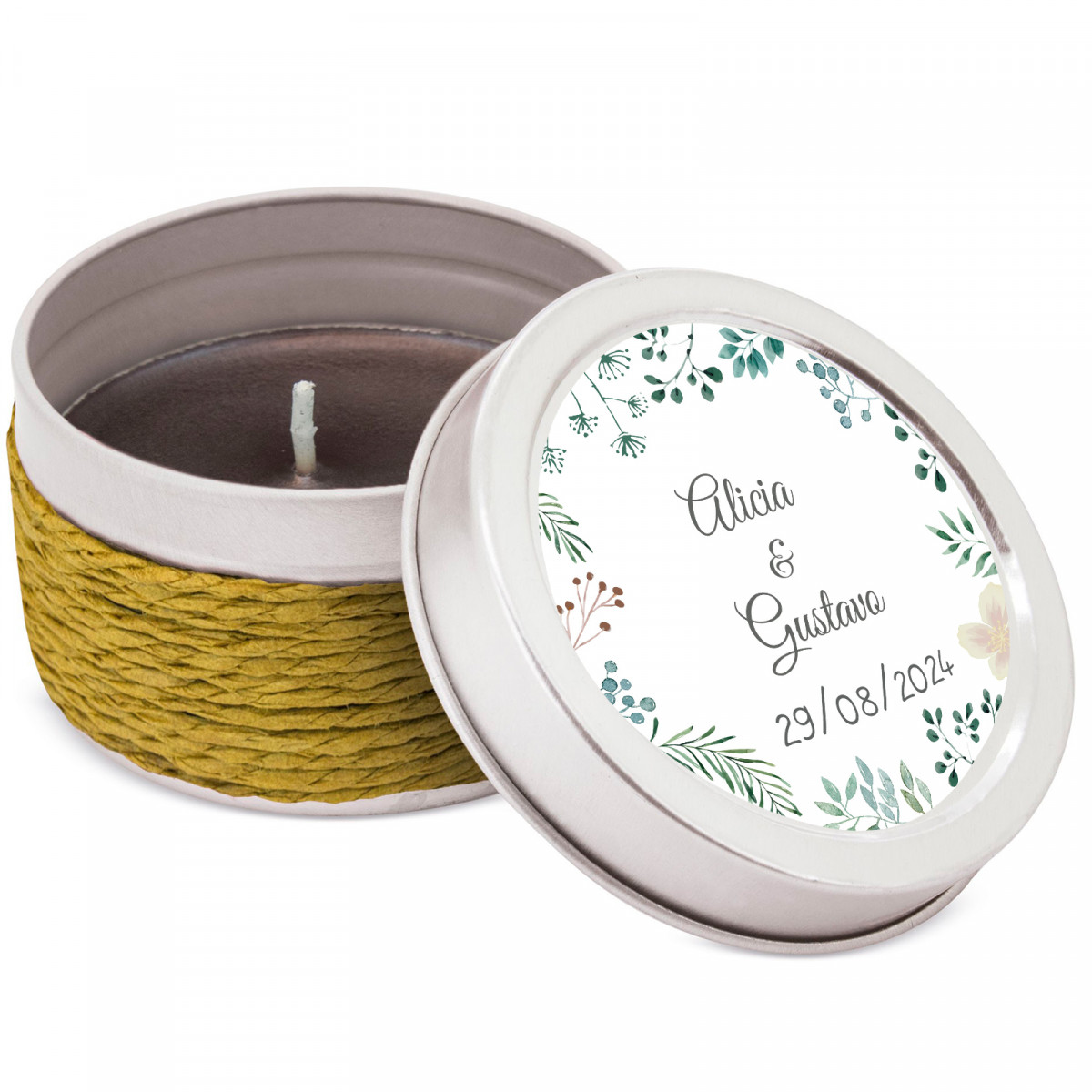 Bougie en boîte métallique avec autocollant herbal 5cm personnalisé pour les détails
