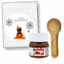 Nutella en petit pot avec cuillère en biscuit présenté dans un sachet personnalisé avec autocollant d'Halloween