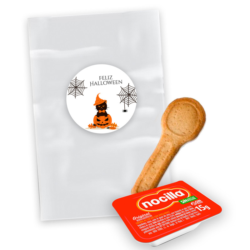 Nocilla mini 15 g avec cuillère en biscuit dans un sac transparent avec autocollant Halloween personnalisé pour des détails