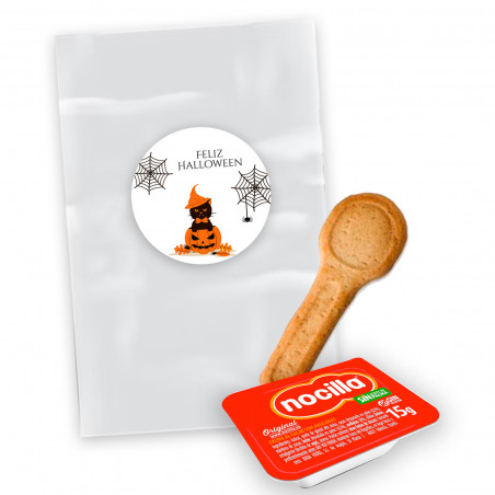 Nocilla mini 15 g avec cuillère en biscuit dans un sac transparent avec autocollant Halloween personnalisé pour des détails
