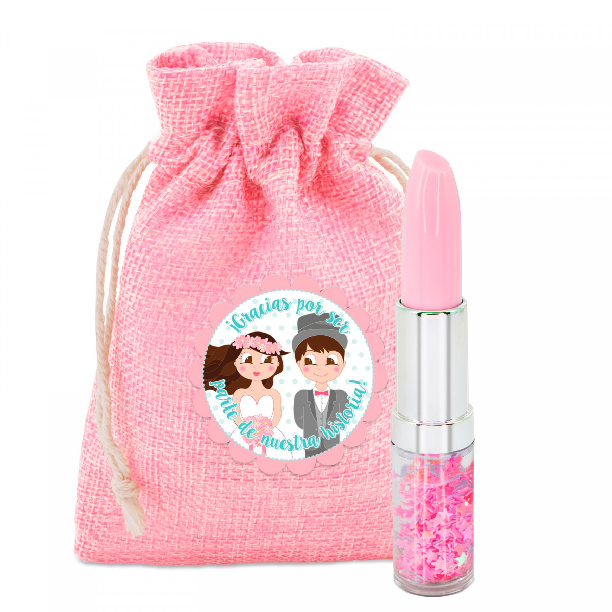 Stylo rouge à lèvres dans un sac en toile rose avec adhésif personnalisé pour les détails
