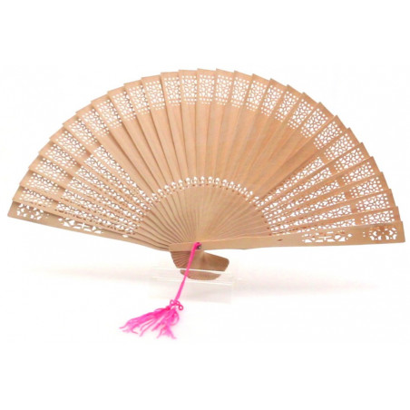 Éventail ajouré avec pompon rose dans une boîte personnalisée pour plus de détails
