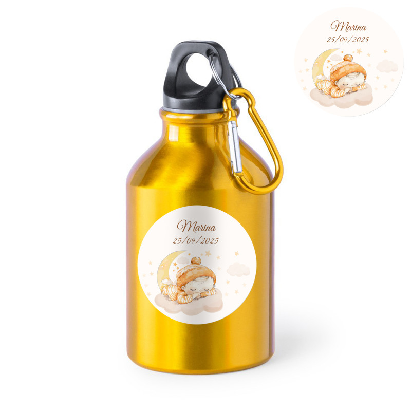 Bouteille d'eau réutilisable jaune avec autocollant personnalisable pour Baptêmes