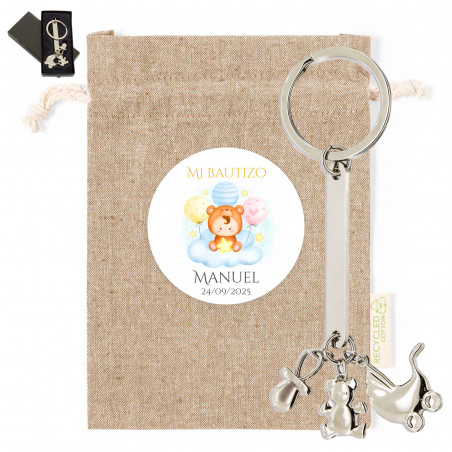 Porte-clés avec charms métalliques avec sac en tissu et autocollant personnalisable pour les détails