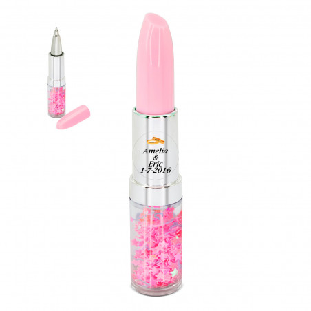 Stylo à rouge à lèvres rose avec adhésif personnalisé pour cadeaux de mariage
