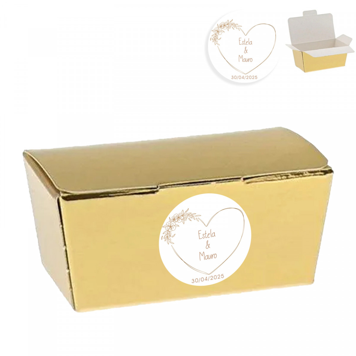 Coffret de présentation en carton doré avec autocollant cœur personnalisable