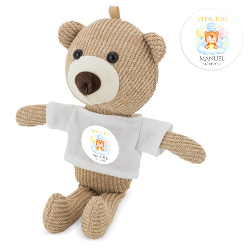 Ours en peluche petit avec autocollant personnalisé à offrir lors d\'un baptême