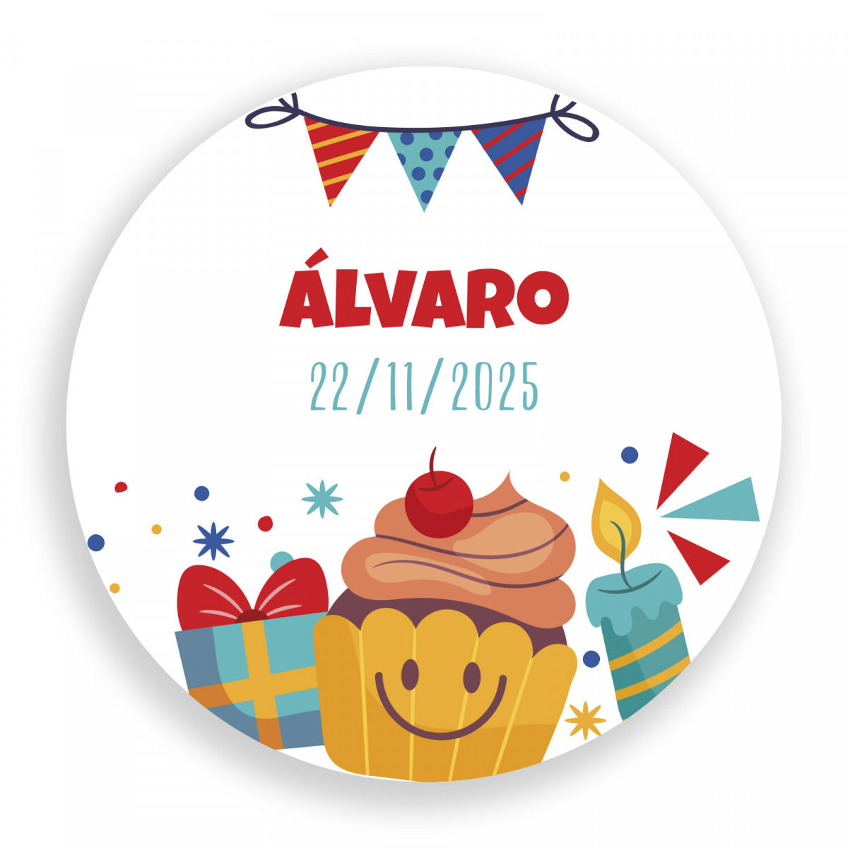 Adhésif d'anniversaire personnalisé rond de 3 cm avec des éléments animés et amusants