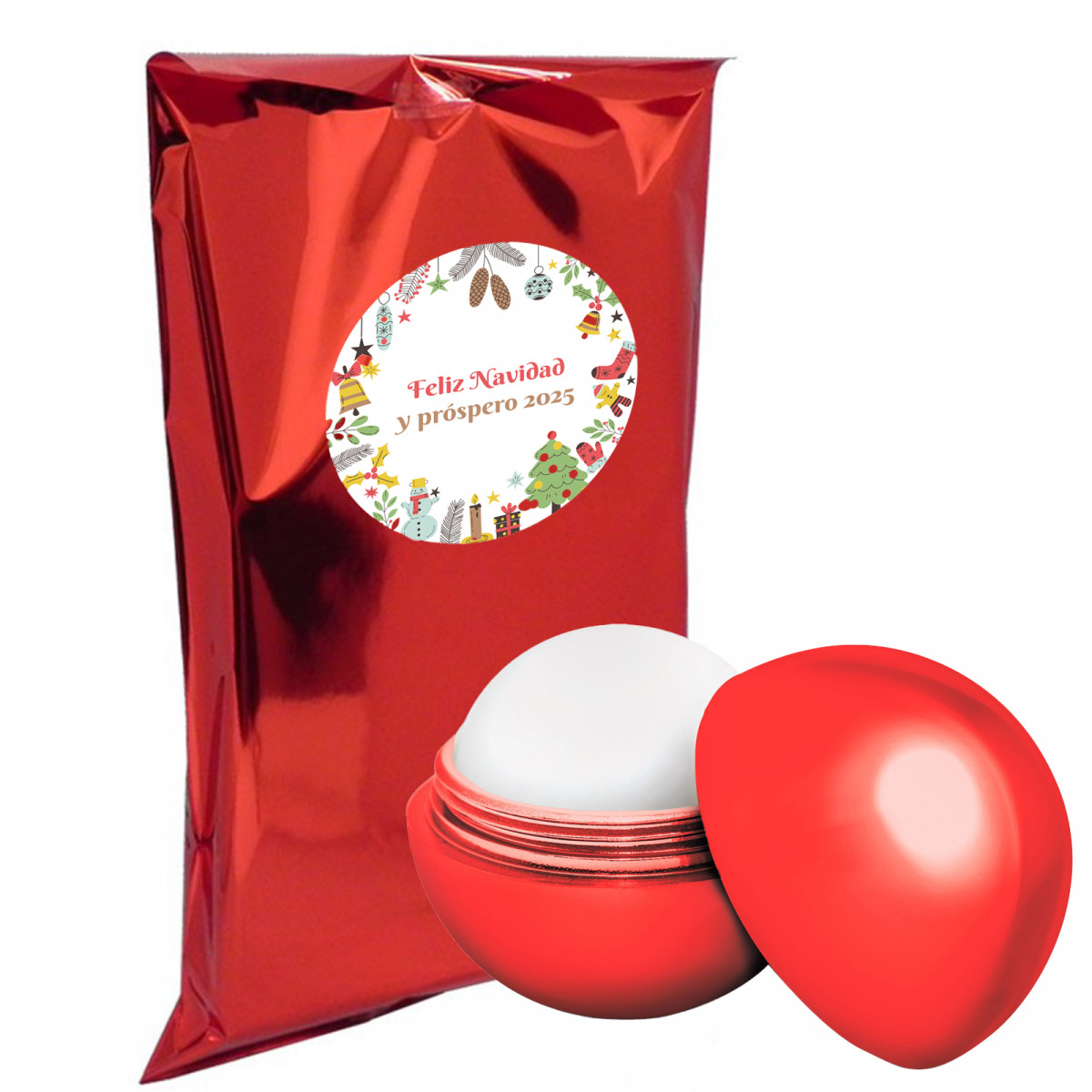 Baume à lèvres sphérique rouge dans un sac métallisé et autocollant personnalisé pour Noël