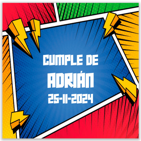 Autocollant carré 5x5cm style bande dessinée de super-héros personnalisable