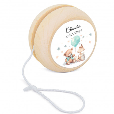Yo-yo en bois personnalisé avec autocollant pour baptême