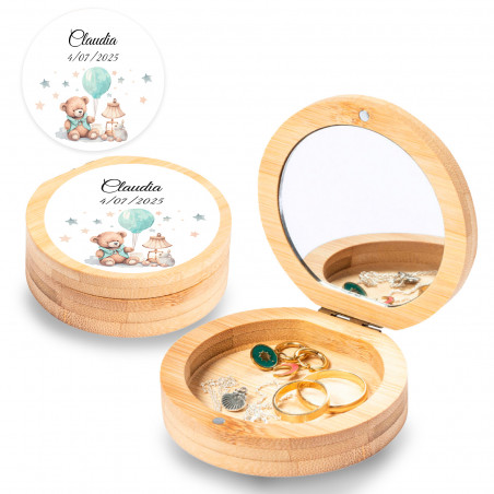 Coffret à bijoux personnalisé en bambou avec miroir et adhésif pour baptême