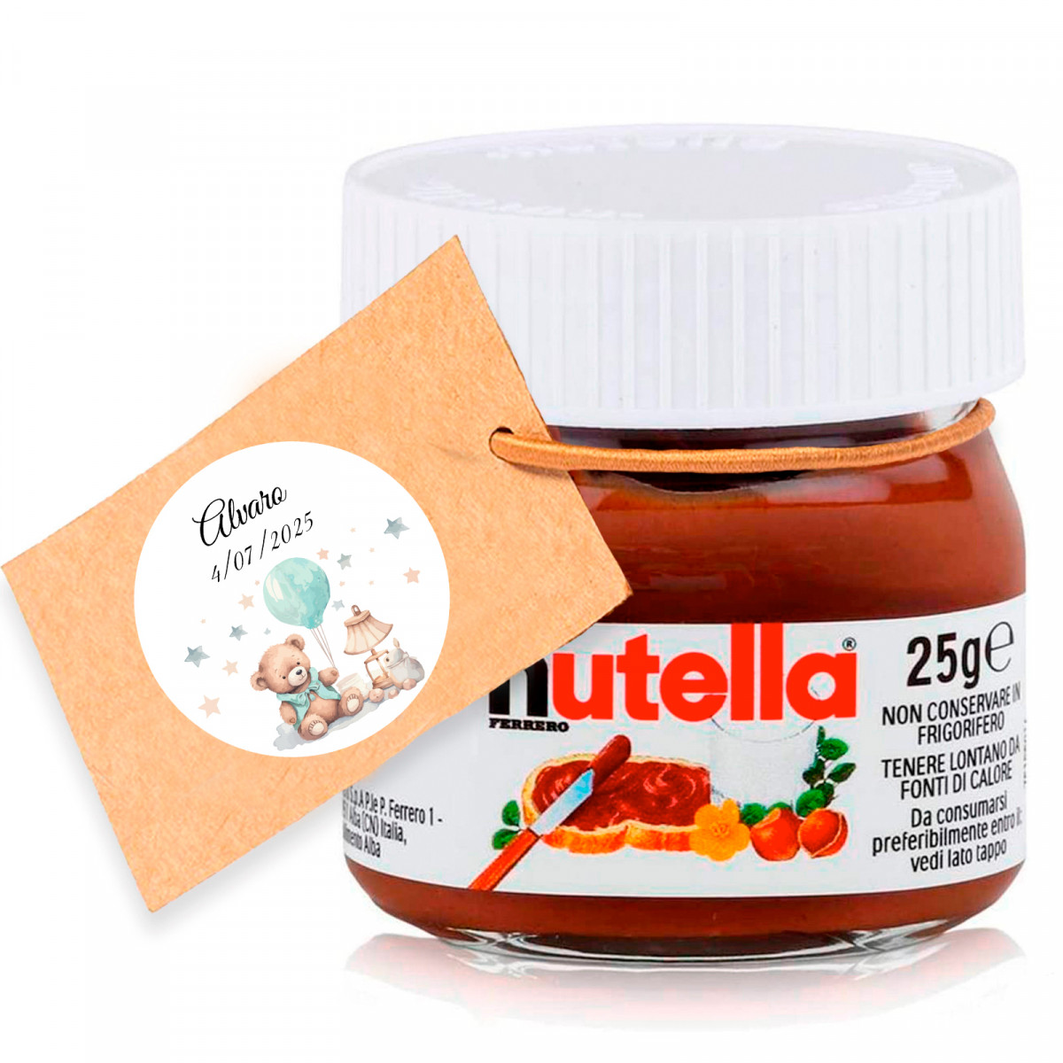 Nutella 25 gr. avec étiquette suspendue personnalisée pour les détails de baptêmes