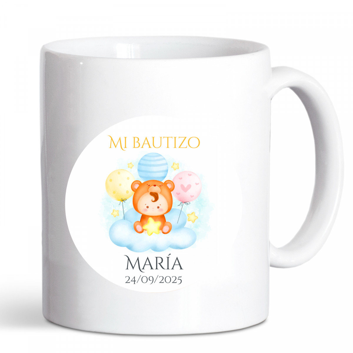 Tasse personnalisée avec autocollant pour les détails de baptême
