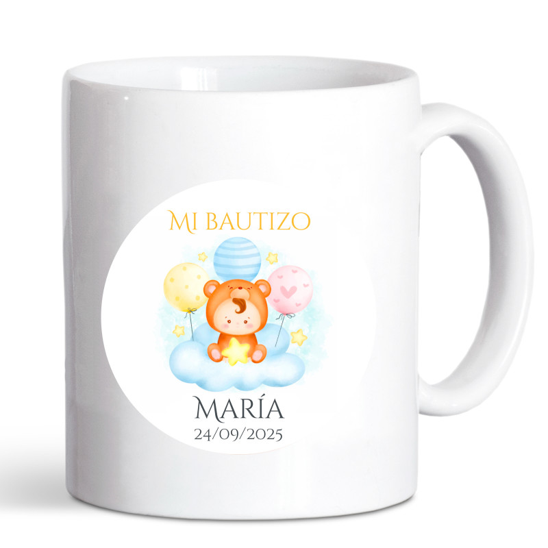 Tasse personnalisée avec autocollant pour les détails de baptême