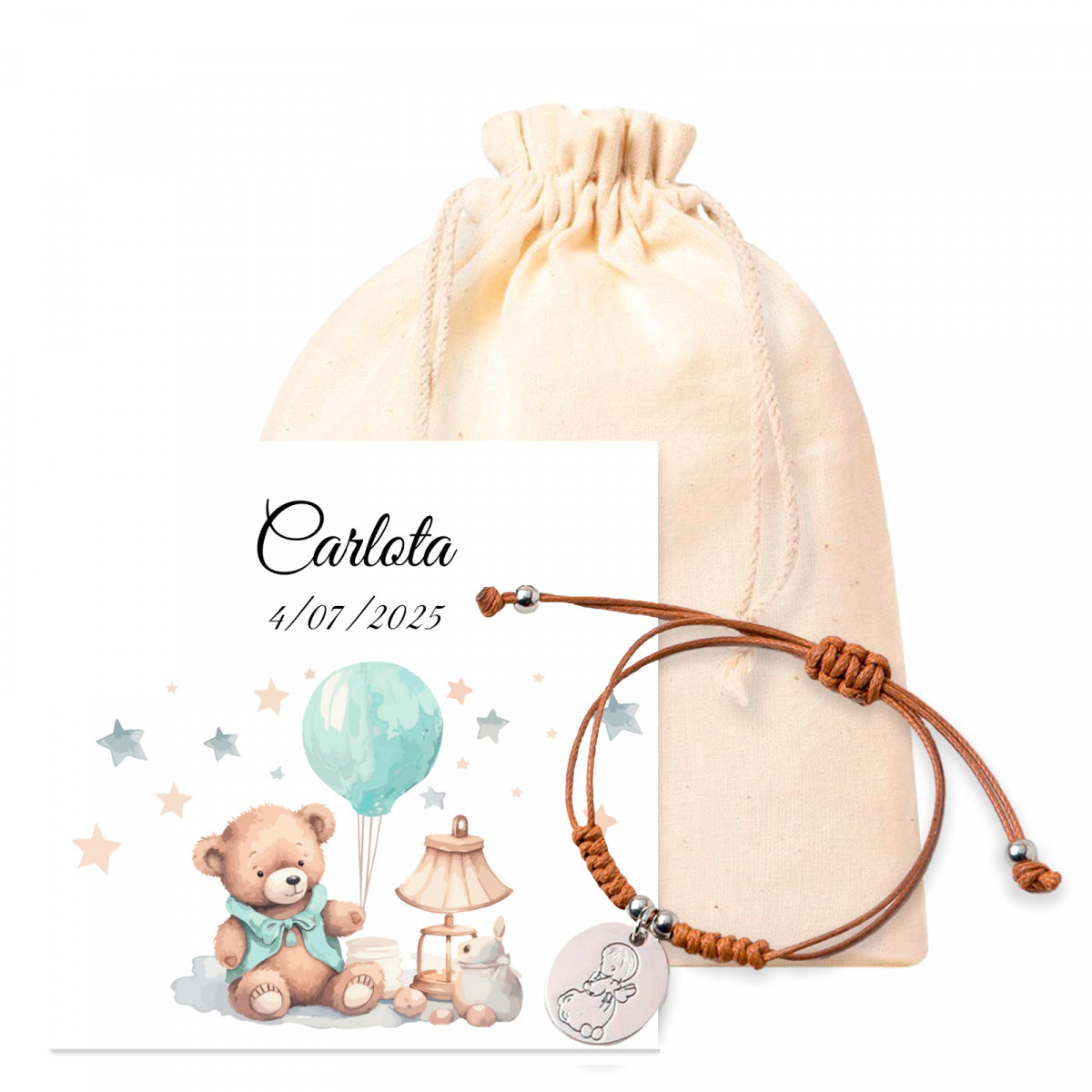 Bracelet ange avec carte personnalisée dans un sac en tissu pour les détails de baptême