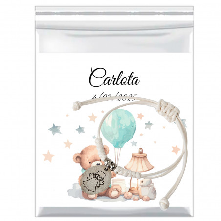 Bracelet ange gardien avec carte de baptême personnalisée dans un sac de présentation