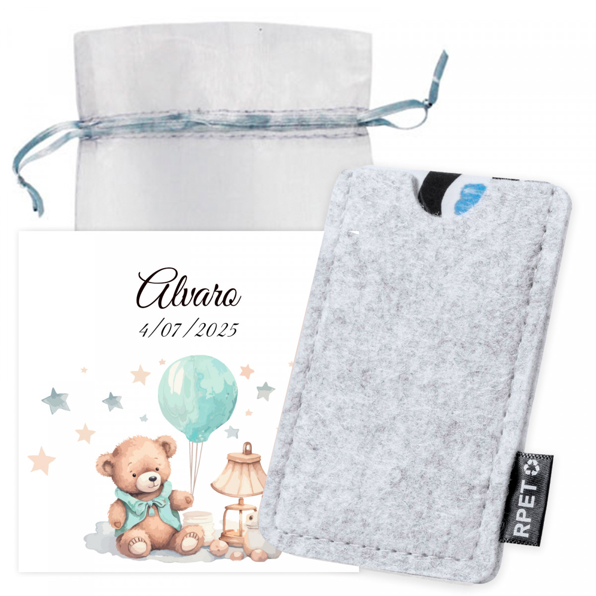 Porte-cartes en feutre avec carte souvenir dans un sac en organza