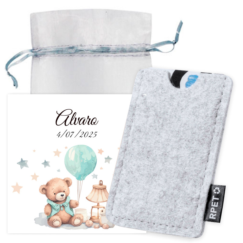 Porte-cartes en feutre avec carte souvenir dans un sac en organza