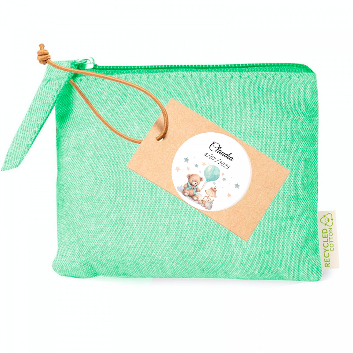 Sac à main en coton vert avec étiquette et autocollant personnalisés pour baptêmes
