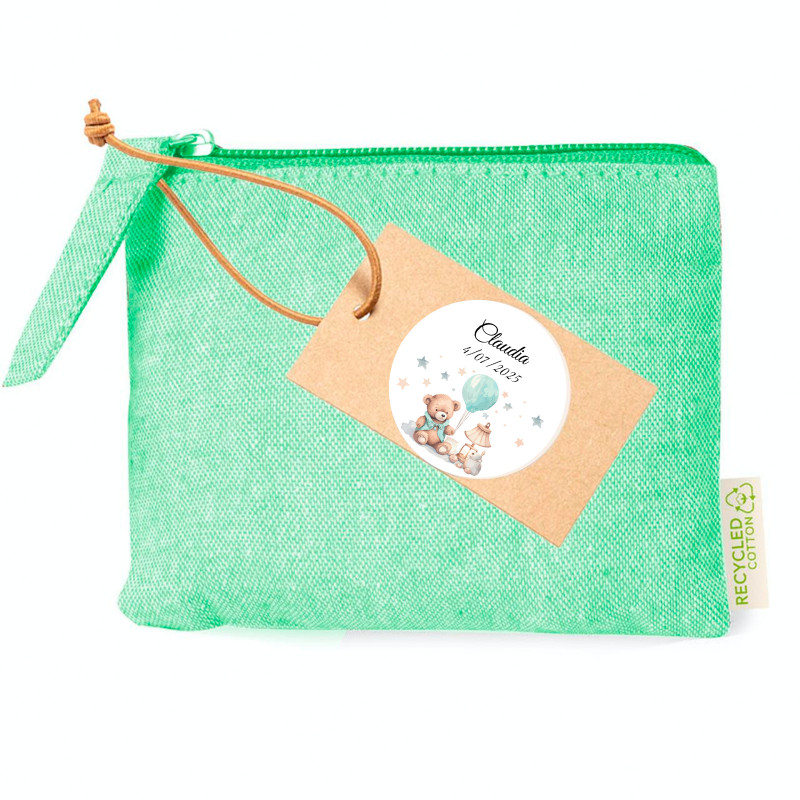 Sac à main en coton vert avec étiquette et autocollant personnalisés pour baptêmes
