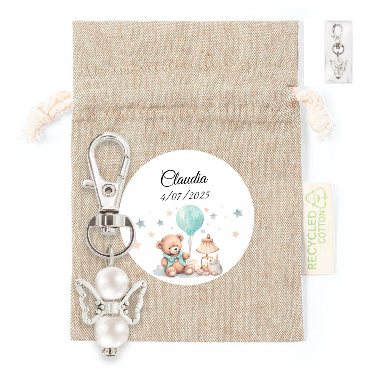 Porte-clés ange gardien dans un sac en tissu avec autocollant personnalisé pour les souvenirs de baptême