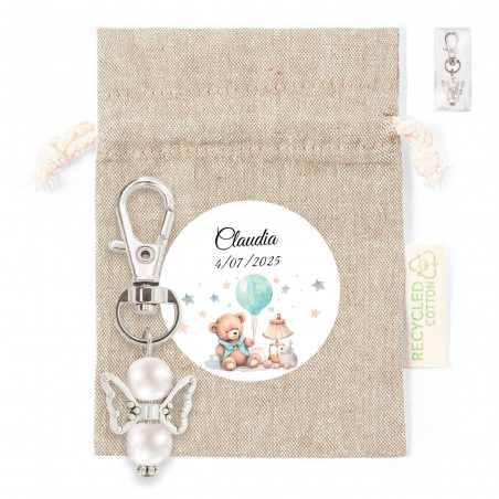 Porte-clés ange gardien dans un sac en tissu avec autocollant personnalisé pour les souvenirs de baptême