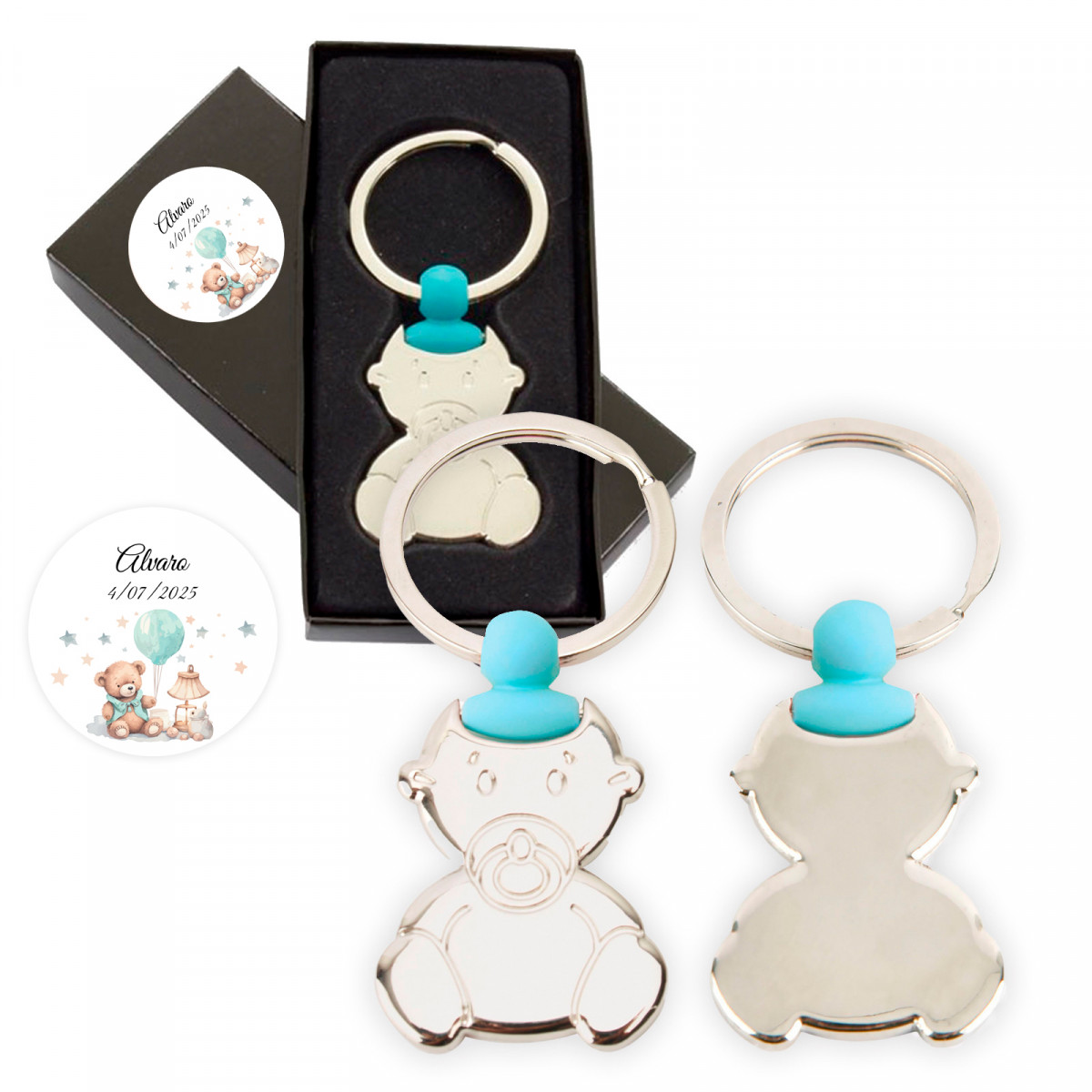 Porte-clé bébé bleu dans une boîte personnalisée pour des cadeaux