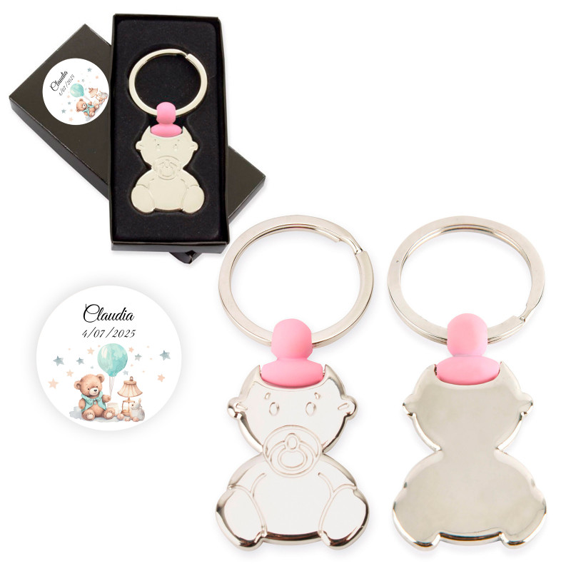 Porte-clés bébé rose dans une boîte personnalisée pour les cadeaux