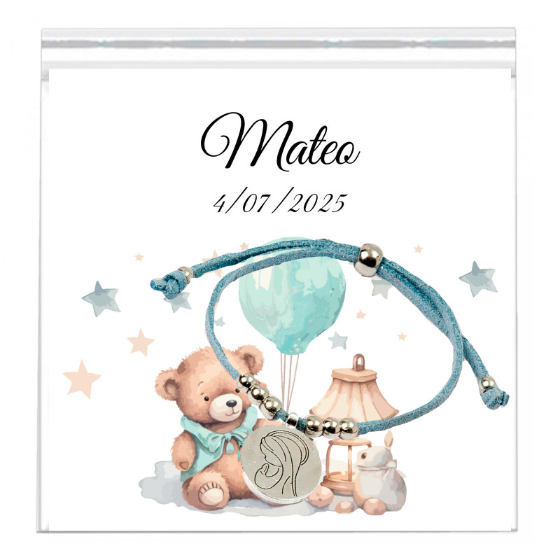 Bracelet avec médaille de la Vierge Marie et carte de rappel personnalisée dans un sac transparent pour les cadeaux de baptême