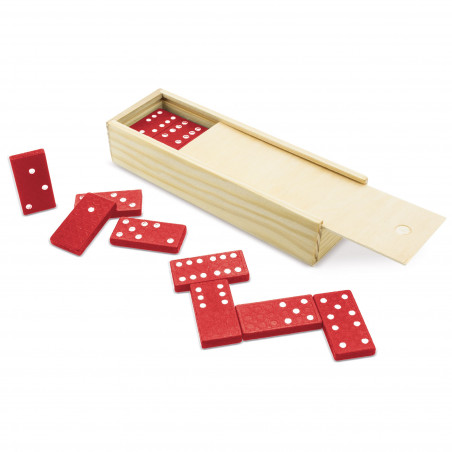 Domino de pièces rouges dans un étui en bois personnalisé avec un autocollant d'anniversaire