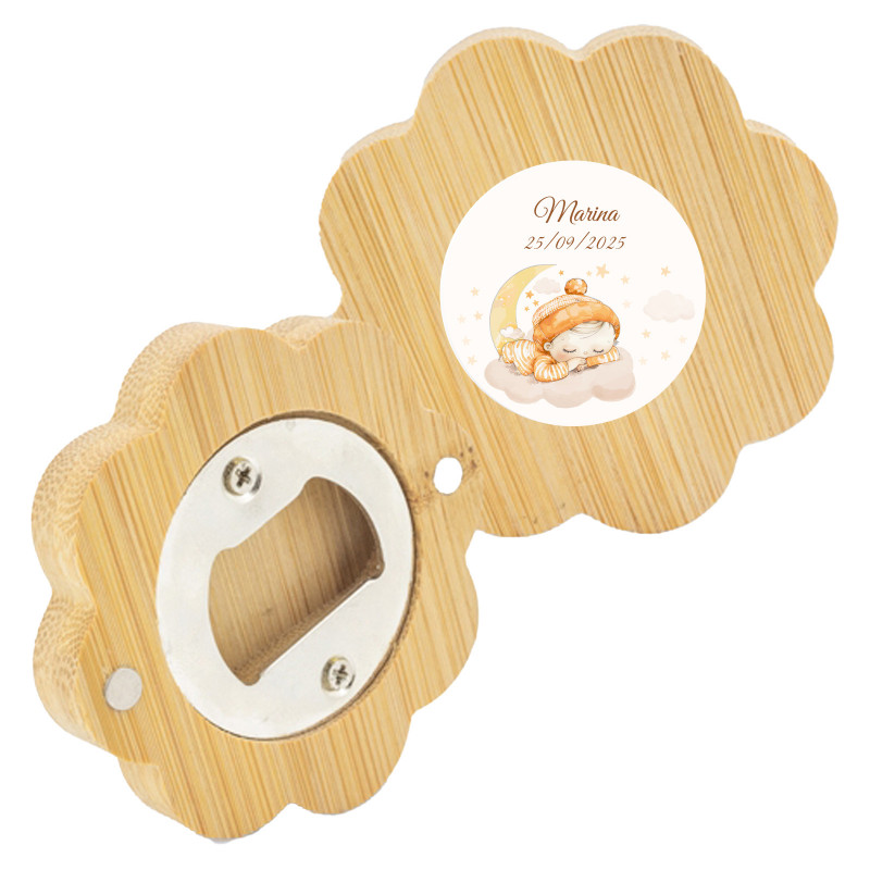 Ouvre-bouteille en bambou magnétique en forme de fleur avec adhésif personnalisé pour baptêmes