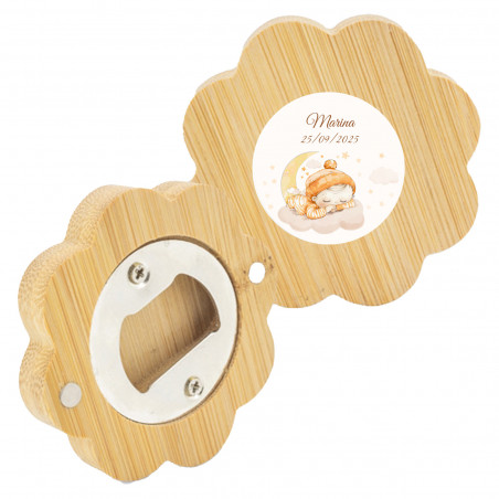 Ouvre-bouteille en bambou magnétique en forme de fleur avec adhésif personnalisé pour baptêmes