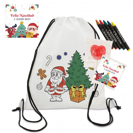 Mochila enfant pour peindre avec des crayons inclus et sucette personnalisée avec un autocollant de Noël