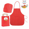 Tablier et toque de cuisine pour enfants rouges dans un sac en papier avec autocollant personnalisé pour anniversaire