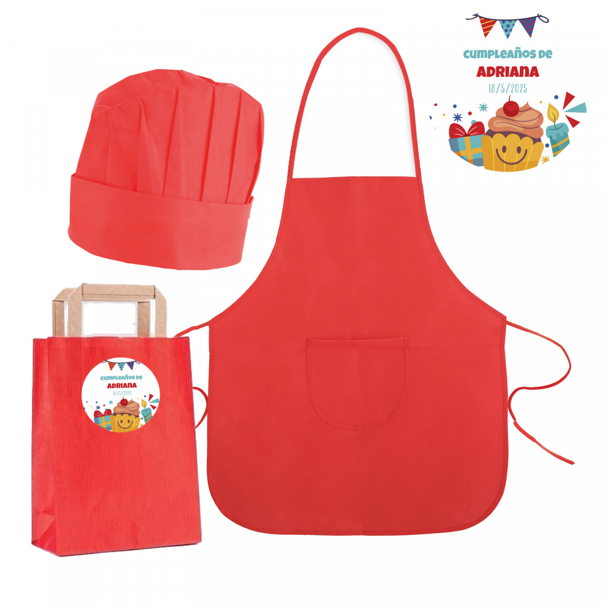 Tablier et toque de cuisine pour enfants rouges dans un sac en papier avec autocollant personnalisé pour anniversaire