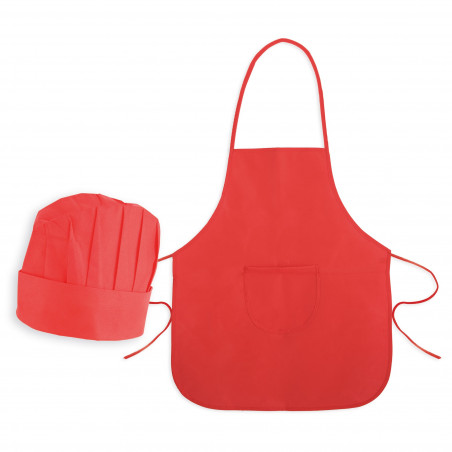 Tablier et toque de cuisine pour enfants rouges dans un sac en papier avec autocollant personnalisé pour anniversaire