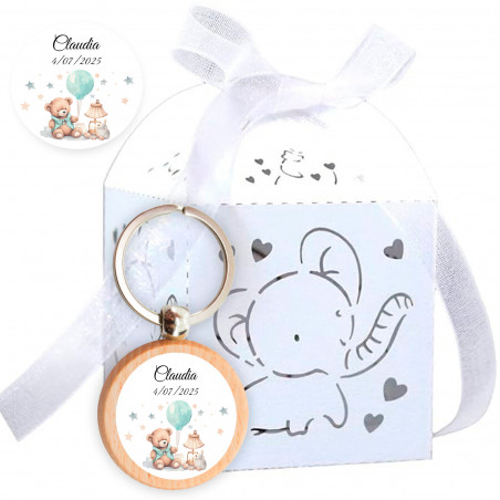 Porte-clés personnalisé dans une boîte en forme d'éléphant pour cadeaux de baptême