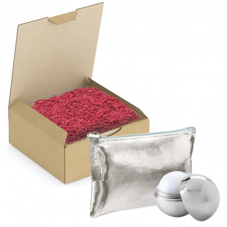 Porte-monnaie avec baume à lèvres en argent présenté dans une boîte pour des cadeaux
