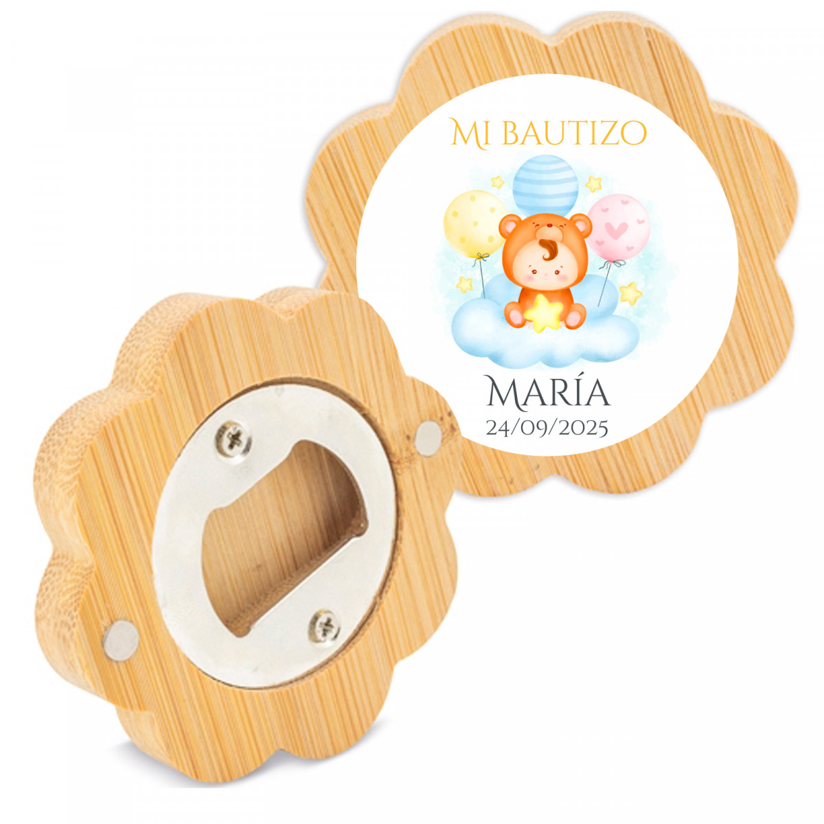 Ouvre-bouteille en bambou en forme de fleur avec autocollant personnalisable pour détails