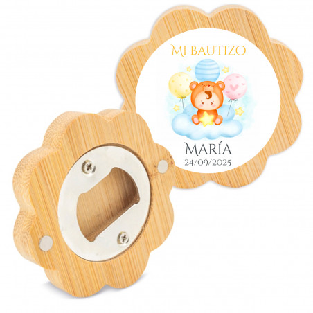 Ouvre-bouteille en bambou en forme de fleur avec autocollant personnalisable pour détails