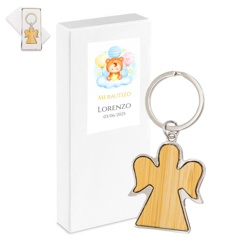 Porte-clés ange gardien en bois dans une boîte avec un autocollant personnalisé pour les détails