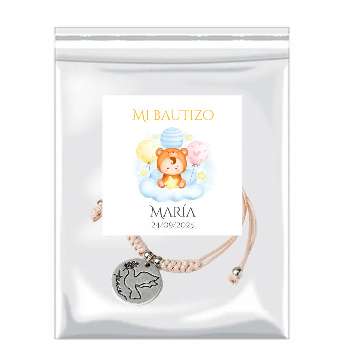 Bracelet avec médaille décorative dans un sachet avec autocollant personnalisable pour les détails