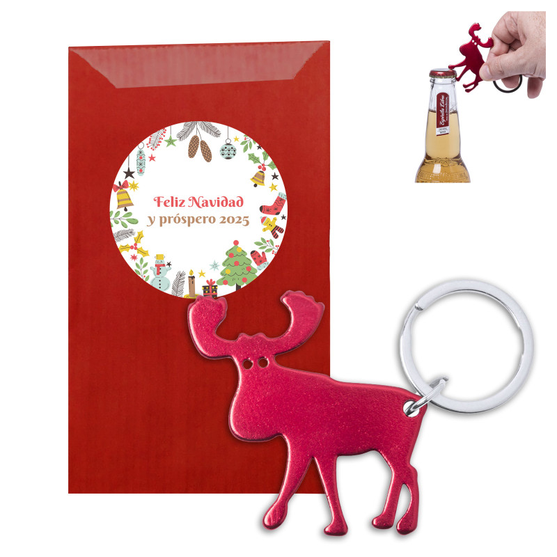 Porte-clés ouvre-bouteille en forme de renne de couleur rouge dans une enveloppe kraft avec un autocollant personnalisé de Noël