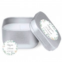 Bougie en boîte argentée avec autocollant herbal personnalisé de 5 cm pour des détails