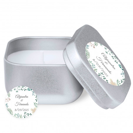 Bougie en boîte argentée avec autocollant herbal personnalisé de 5 cm pour des détails